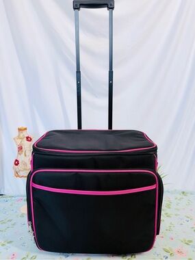 Wheeled Black Scrapbooking/Sewing Machine Case with Pink Trim Extendable Handle